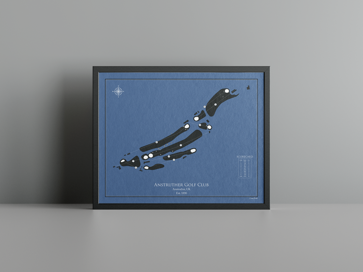Anstruther Golf Club golf course print, navy frame