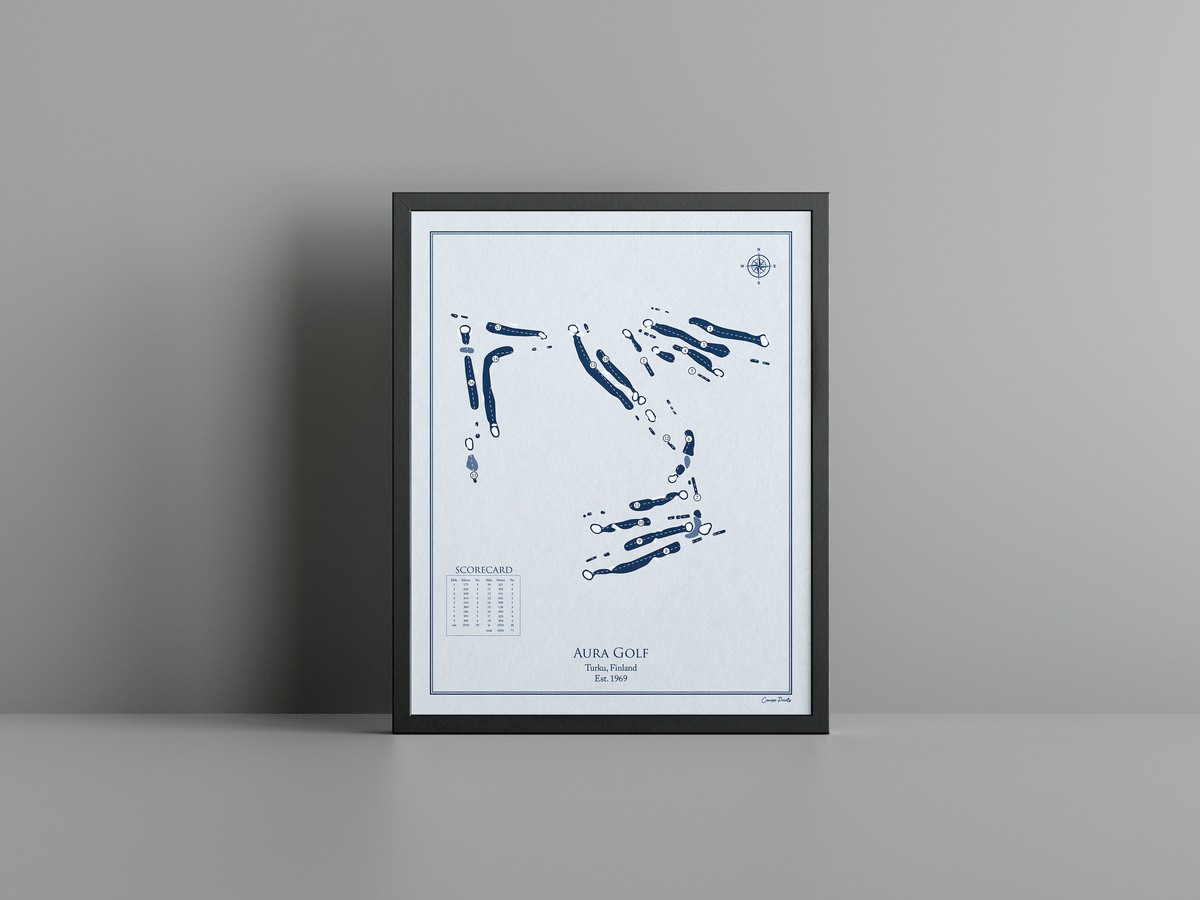 Aura Golf golf course print, blue frame