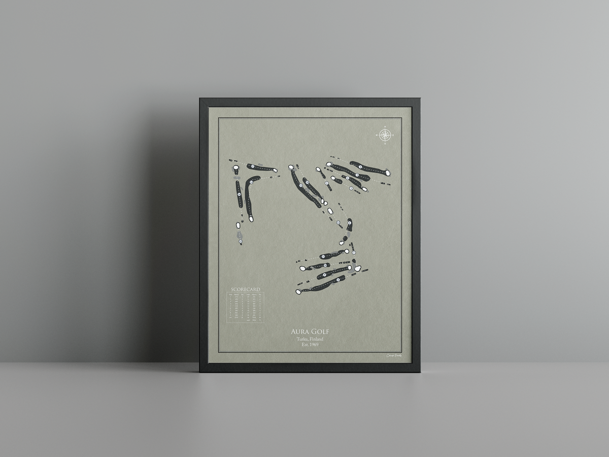 Aura Golf golf course print, brown frame