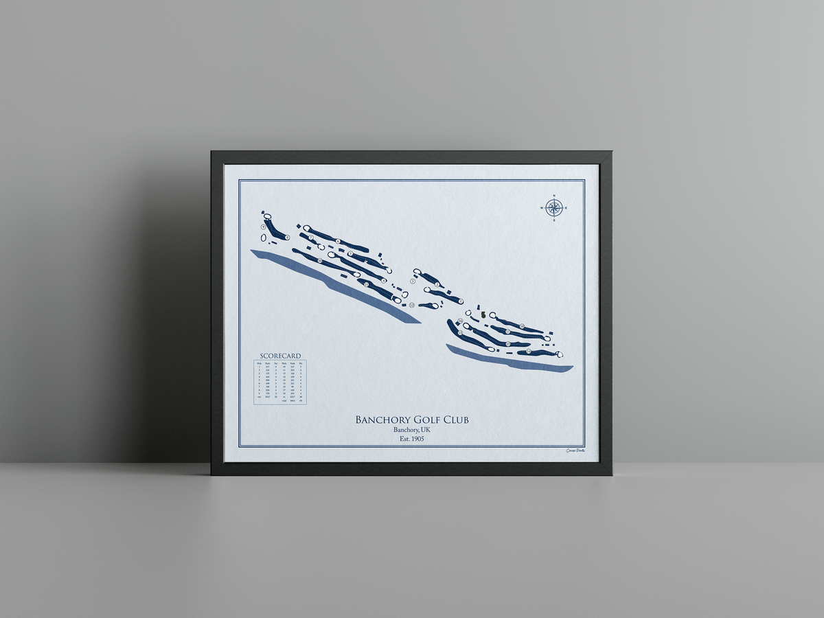 Banchory Golf Club golf course print, blue frame