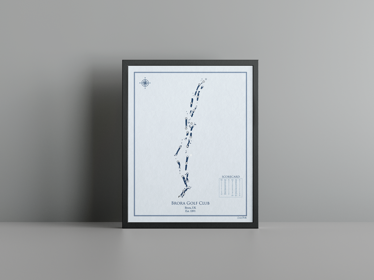 Brora Golf Club golf course print, blue frame