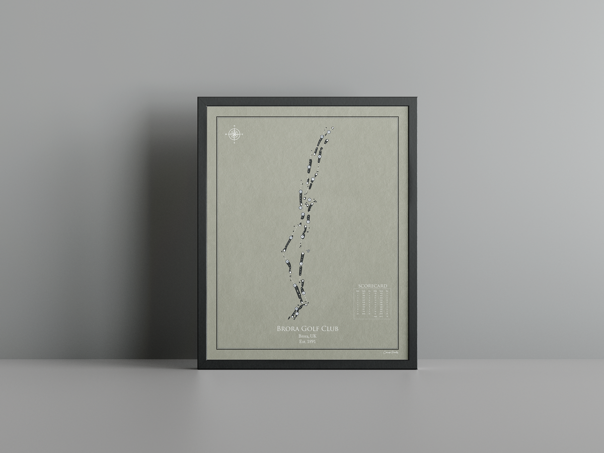 Brora Golf Club golf course print, brown frame