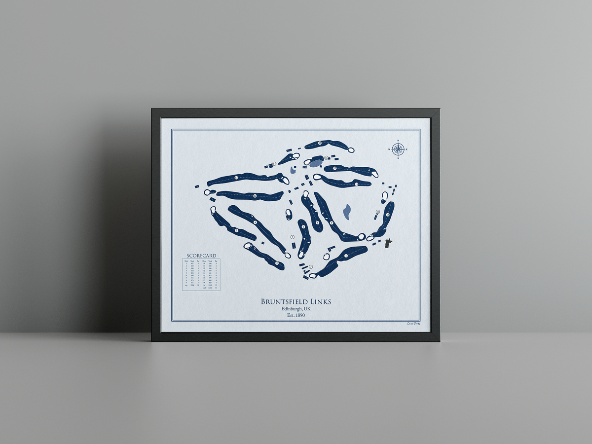 Bruntsfield Links golf course print, blue frame