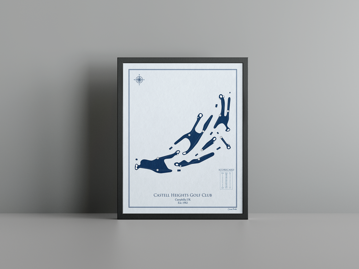 Castell Heights Golf Club golf course print, blue frame