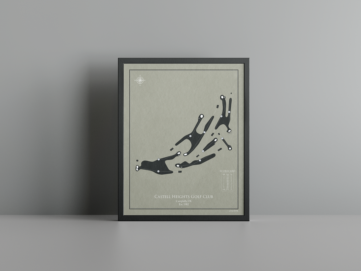 Castell Heights Golf Club golf course print, brown frame