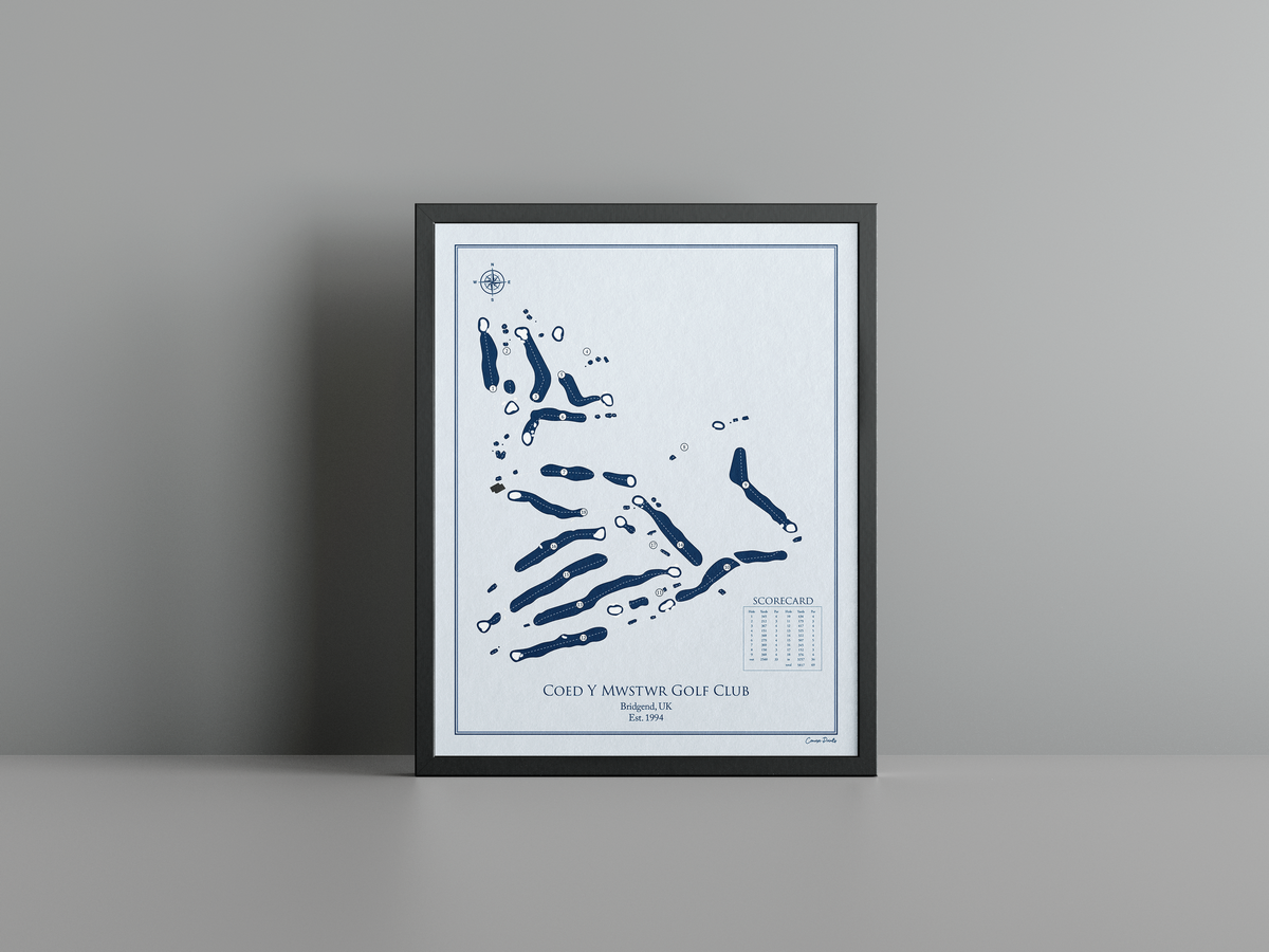 Coed Y Mwstwr Golf Club golf course print, blue frame