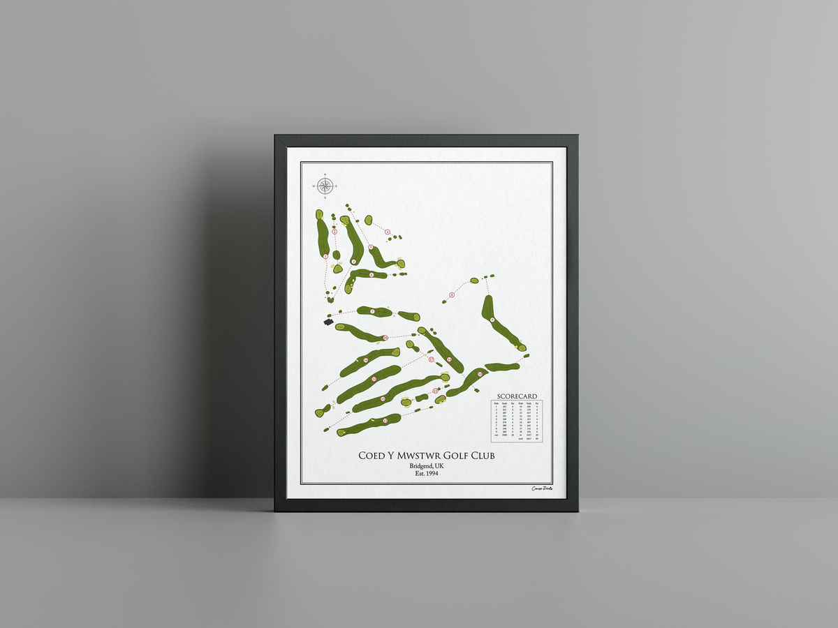 Coed Y Mwstwr Golf Club golf course print, white frame