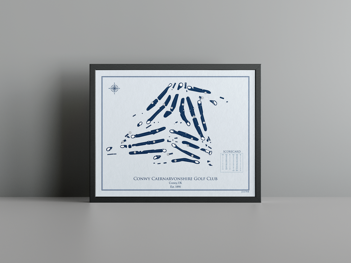 Conwy Caernarvonshire Golf Club golf course print, blue frame