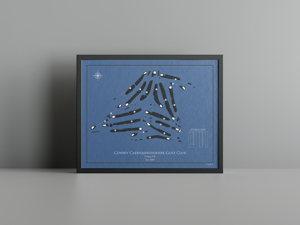 Conwy Caernarvonshire Golf Club golf course print, navy frame