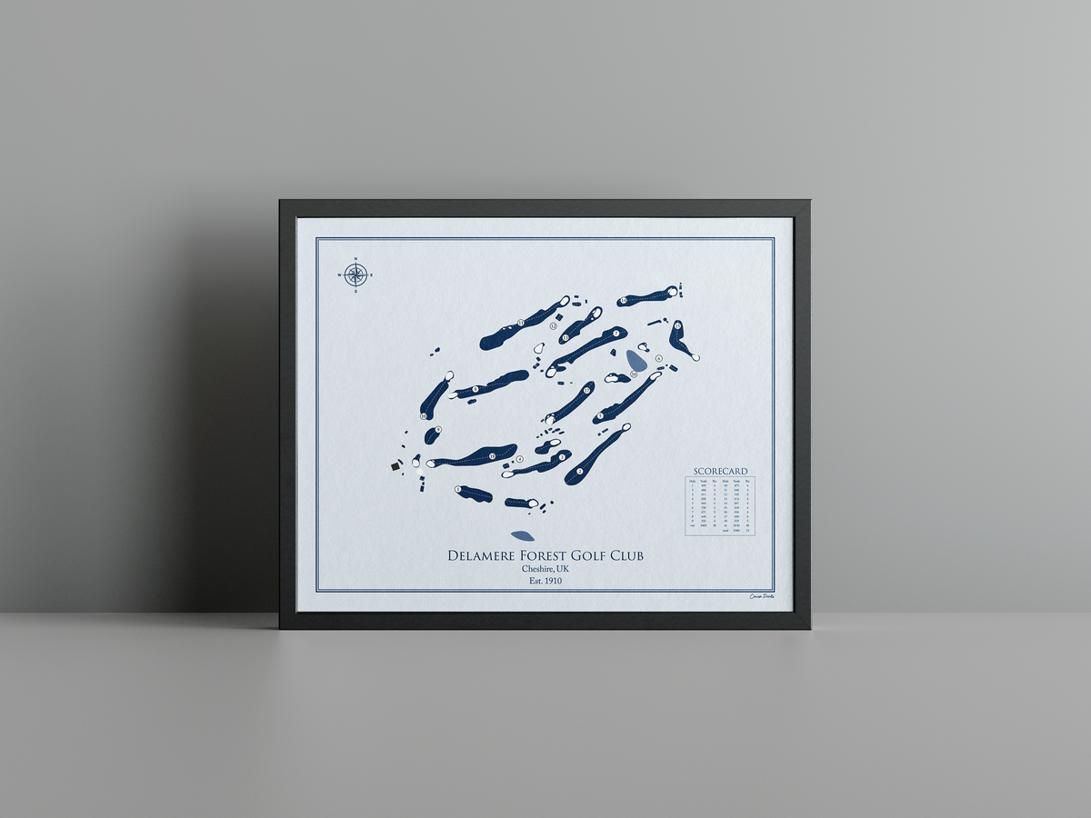 Delamere Forest Golf Club golf course print, blue frame