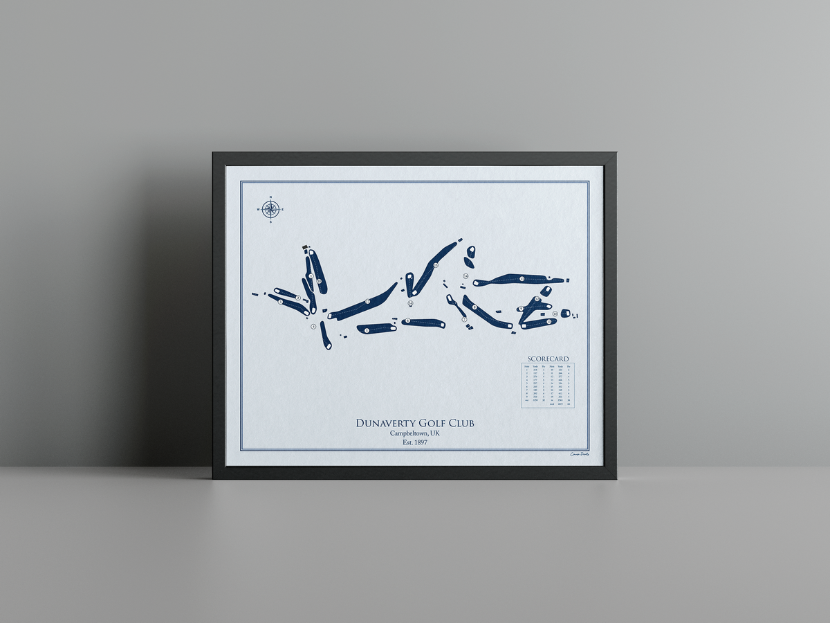 Dunaverty Golf Club golf course print, blue frame