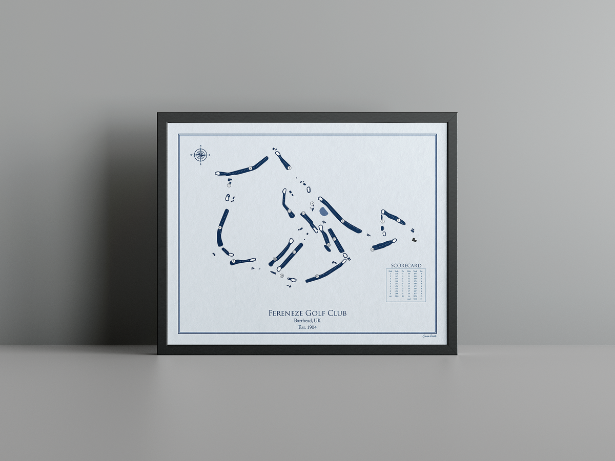 Fereneze Golf Club golf course print, blue frame