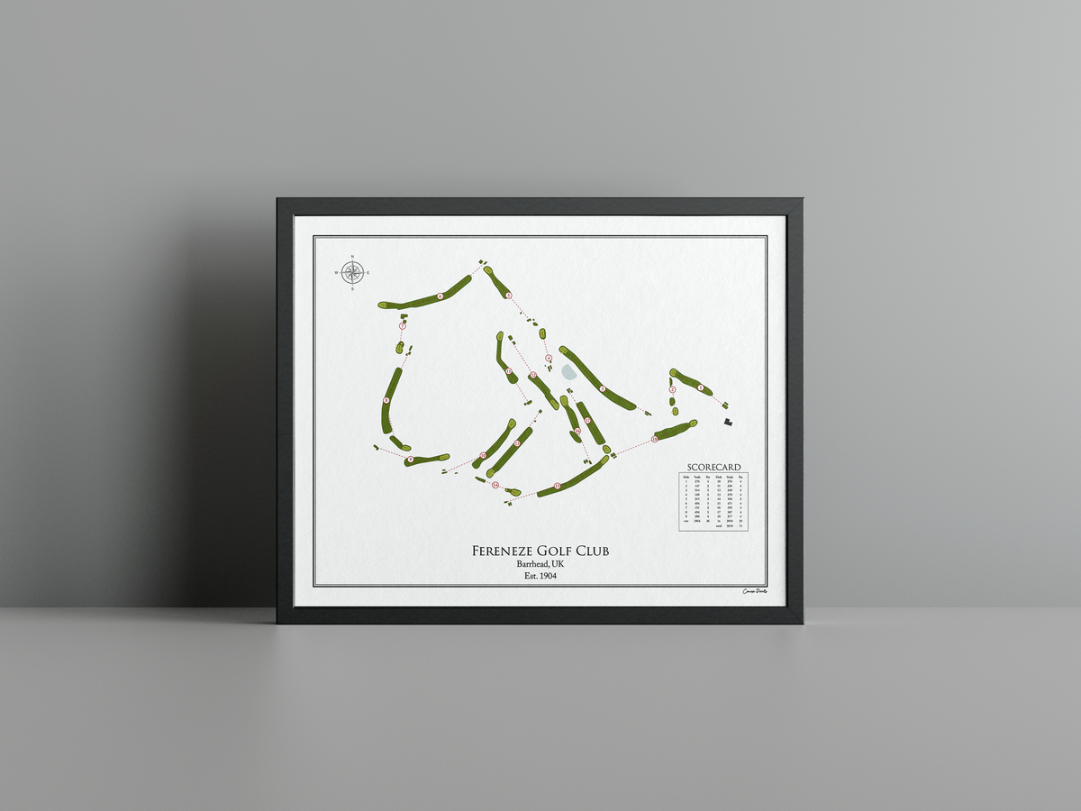 Fereneze Golf Club golf course print, white frame