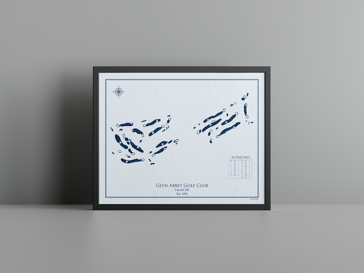 Glyn Abbey Golf Club golf course print, blue frame