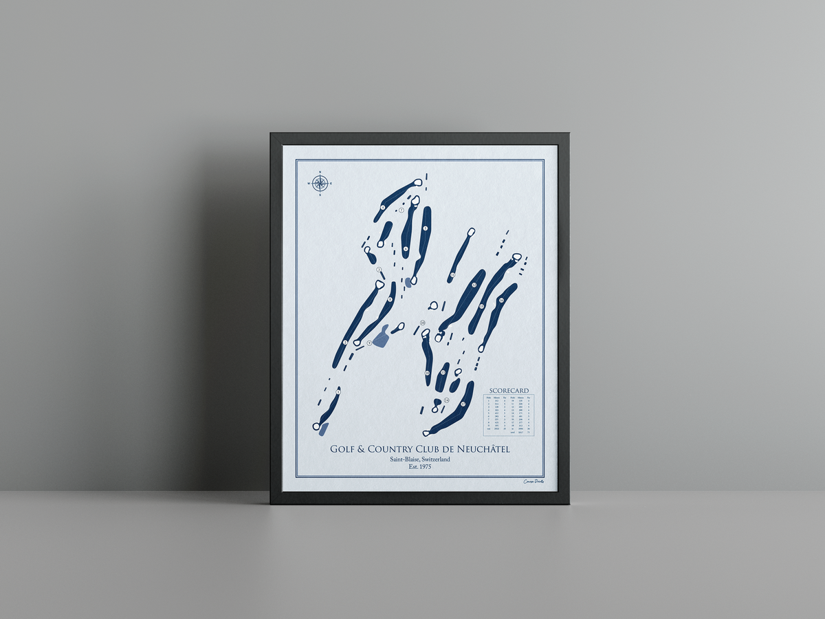 Golf & Country Club de Neuchâtel golf course print, blue frame