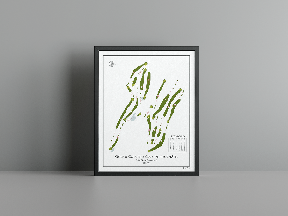 Golf & Country Club de Neuchâtel golf course print, white frame