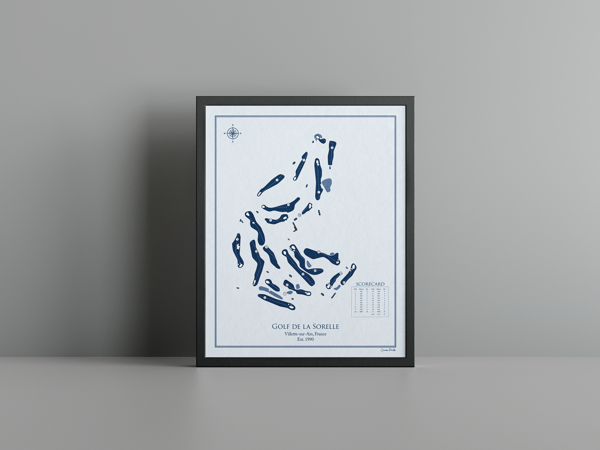 Golf de la Sorelle golf course print, blue frame