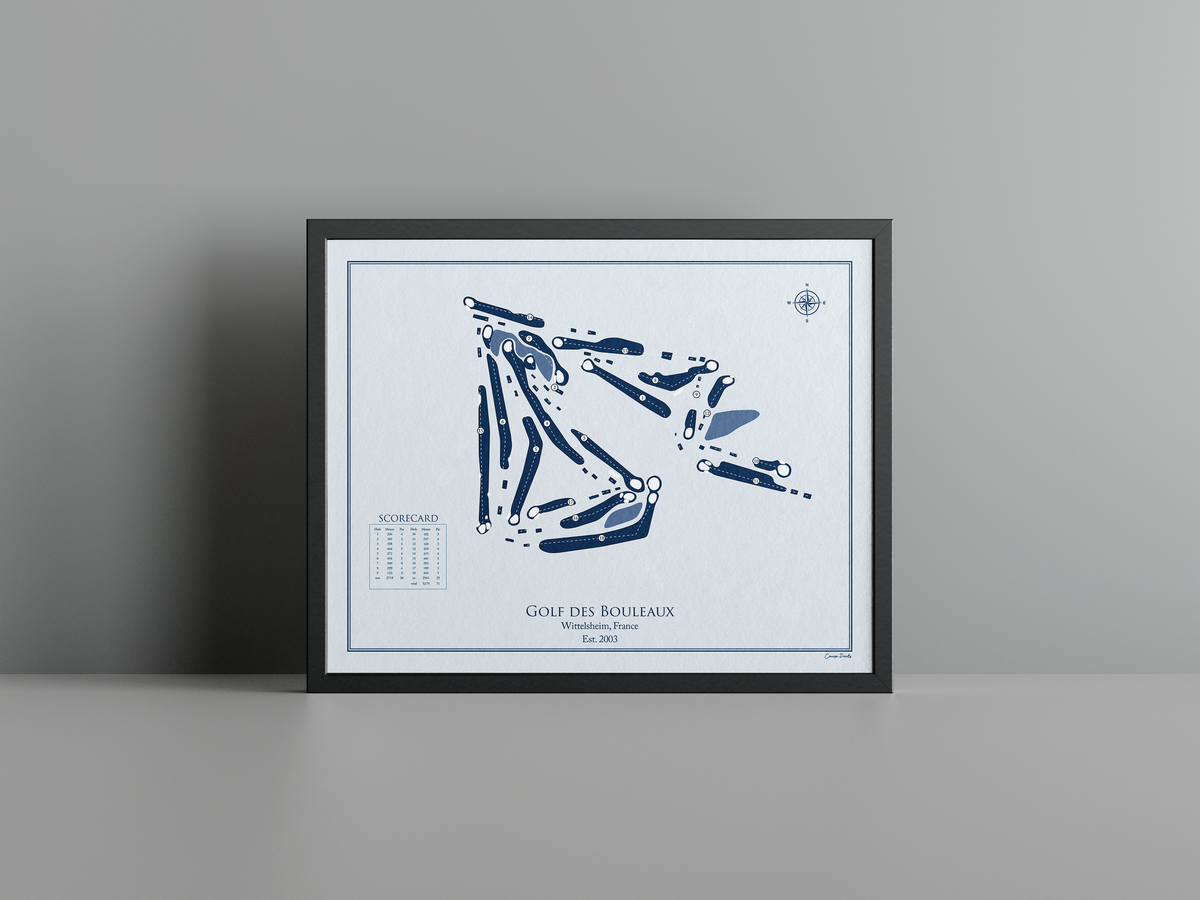 Golf des Bouleaux golf course print, blue frame