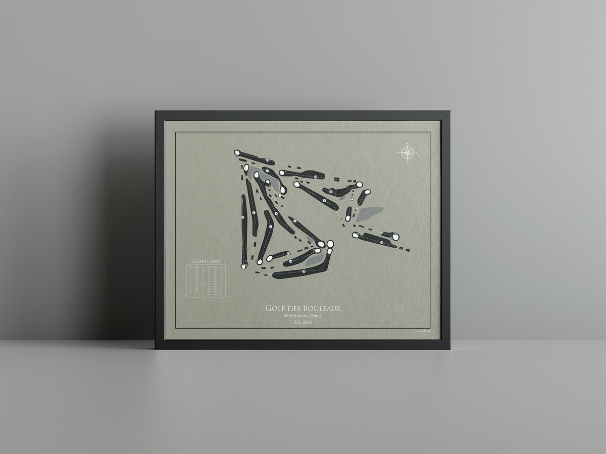 Golf des Bouleaux golf course print, brown frame