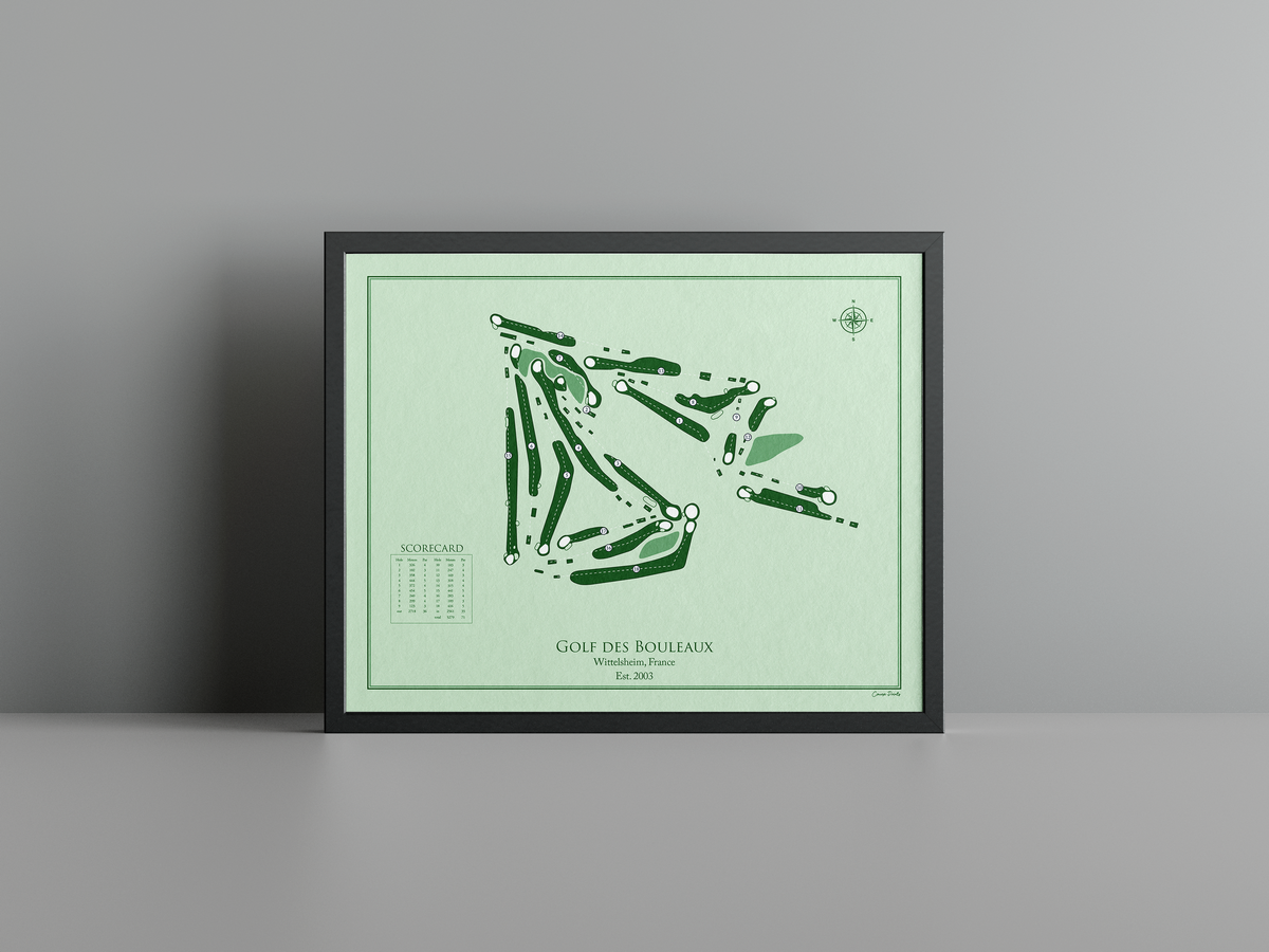 Golf des Bouleaux golf course print, green frame