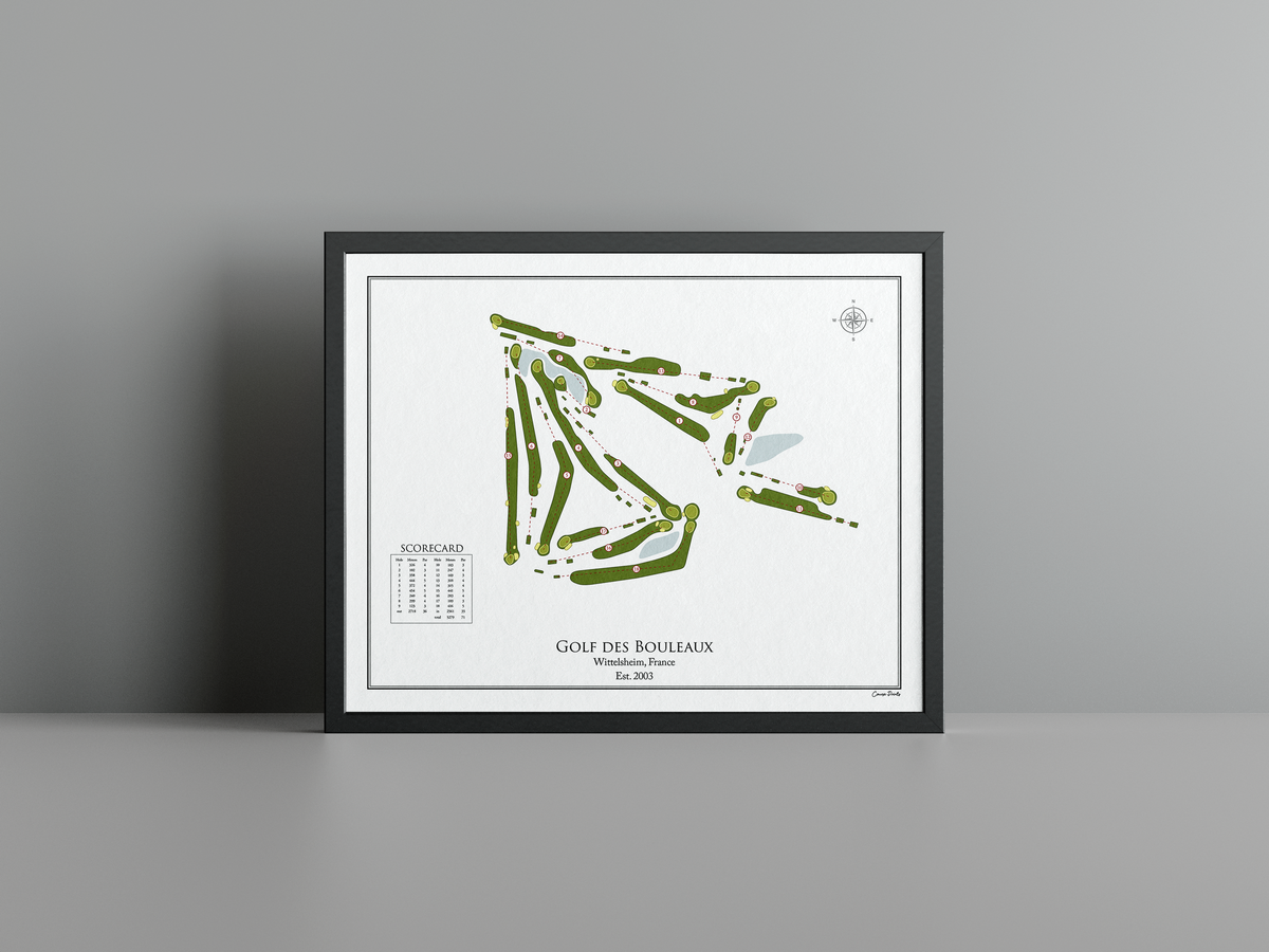 Golf des Bouleaux golf course print, white frame