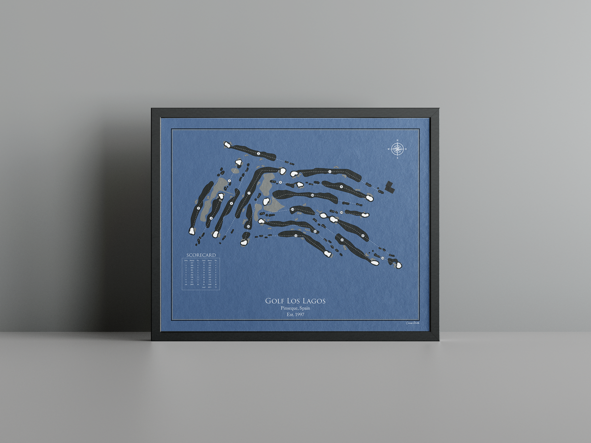 Golf Los Lagos golf course print, navy frame