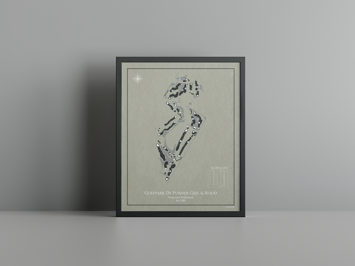 Golfpark De Purmer Geel & Rood golf course print, brown frame