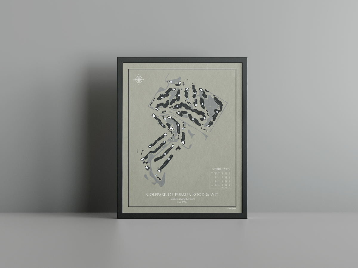 Golfpark De Purmer Rood & Wit golf course print, brown frame
