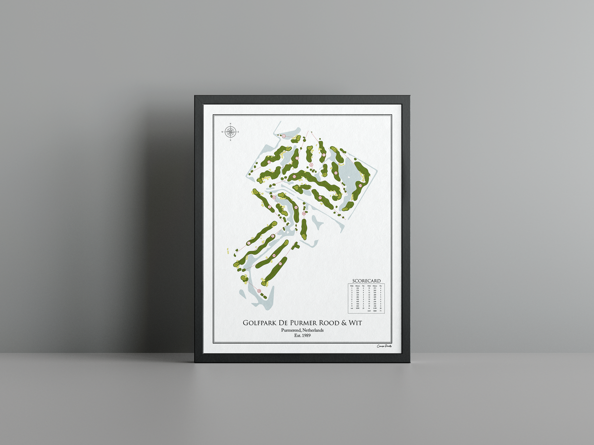 Golfpark De Purmer Rood & Wit golf course print, white frame
