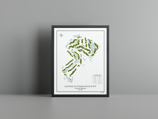 Golfpark De Purmer Rood & Wit golf course print, white frame