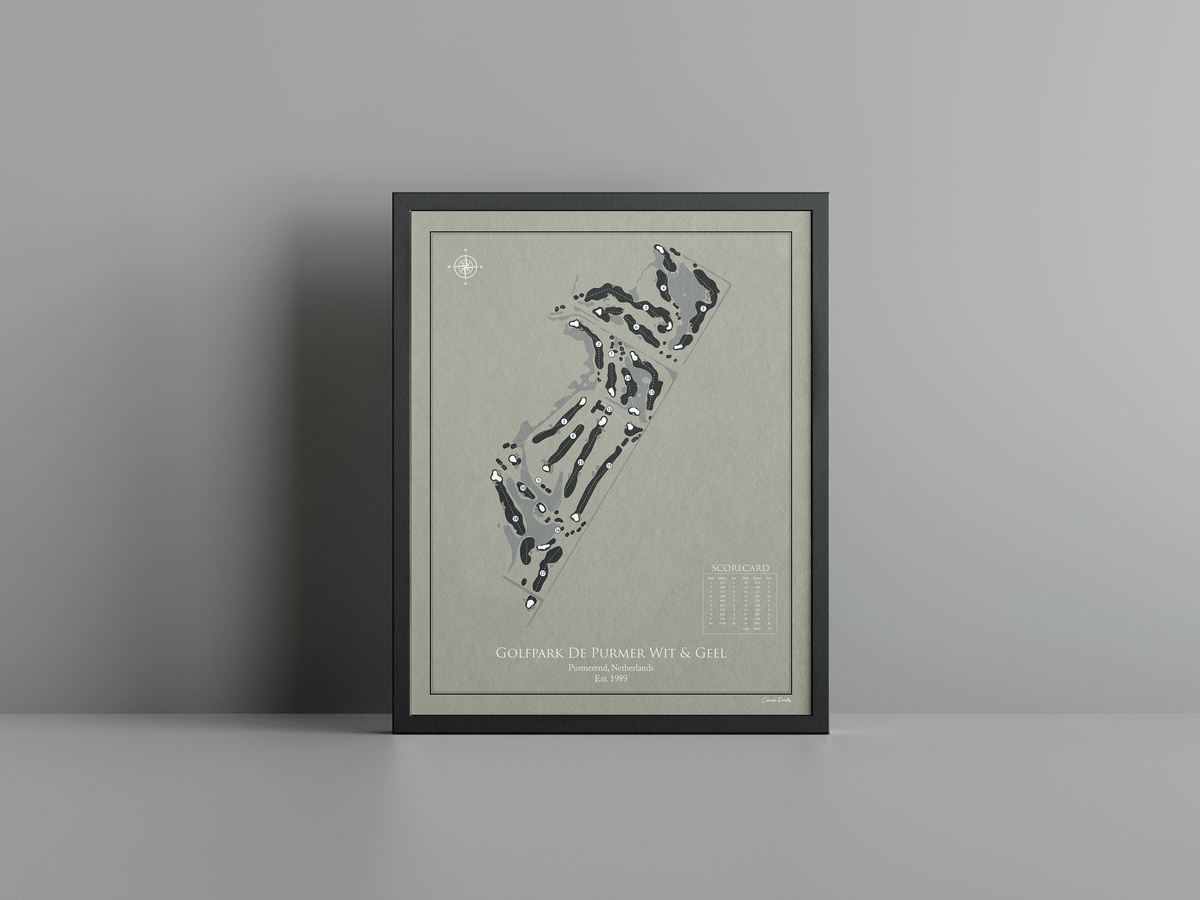 Golfpark De Purmer Wit & Geel golf course print, brown frame
