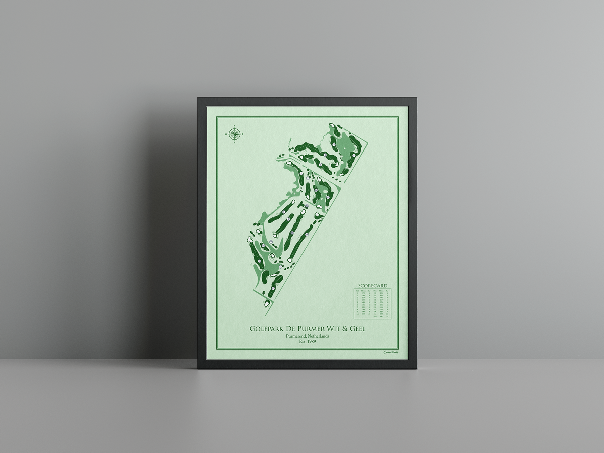 Golfpark De Purmer Wit & Geel golf course print, green frame