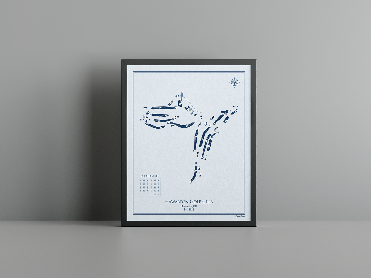 Hawarden Golf Club golf course print, blue frame