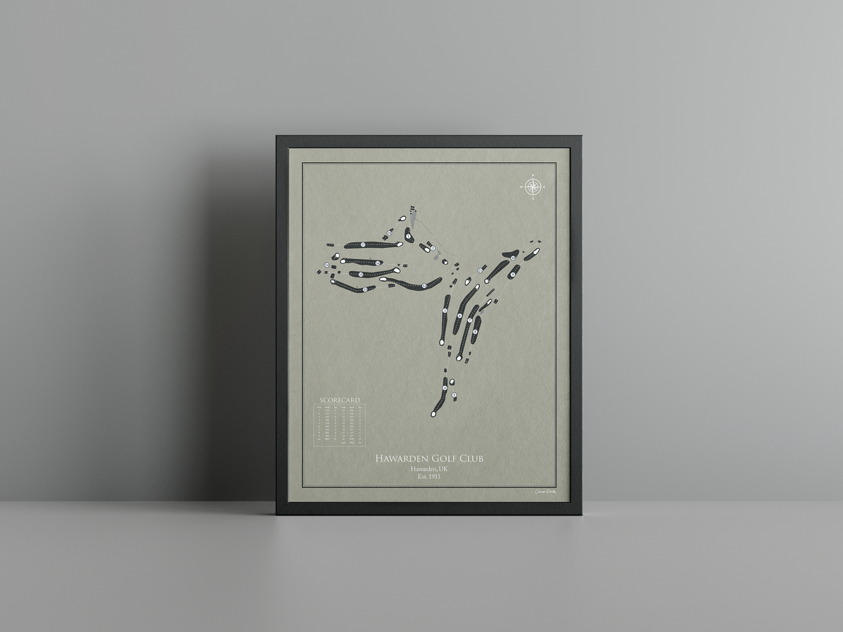 Hawarden Golf Club golf course print, brown frame