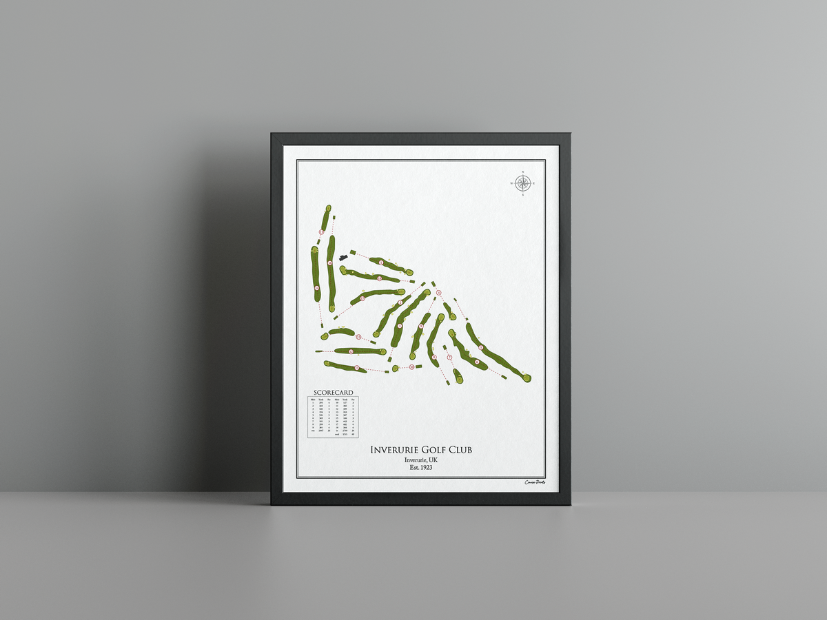 Inverurie Golf Club golf course print, white frame