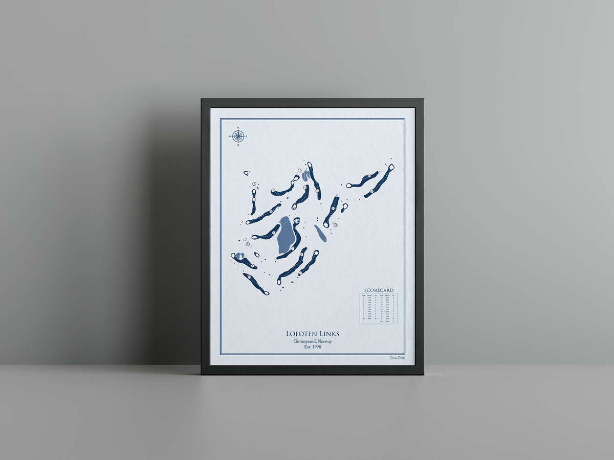 Lofoten Links golf course print, blue frame