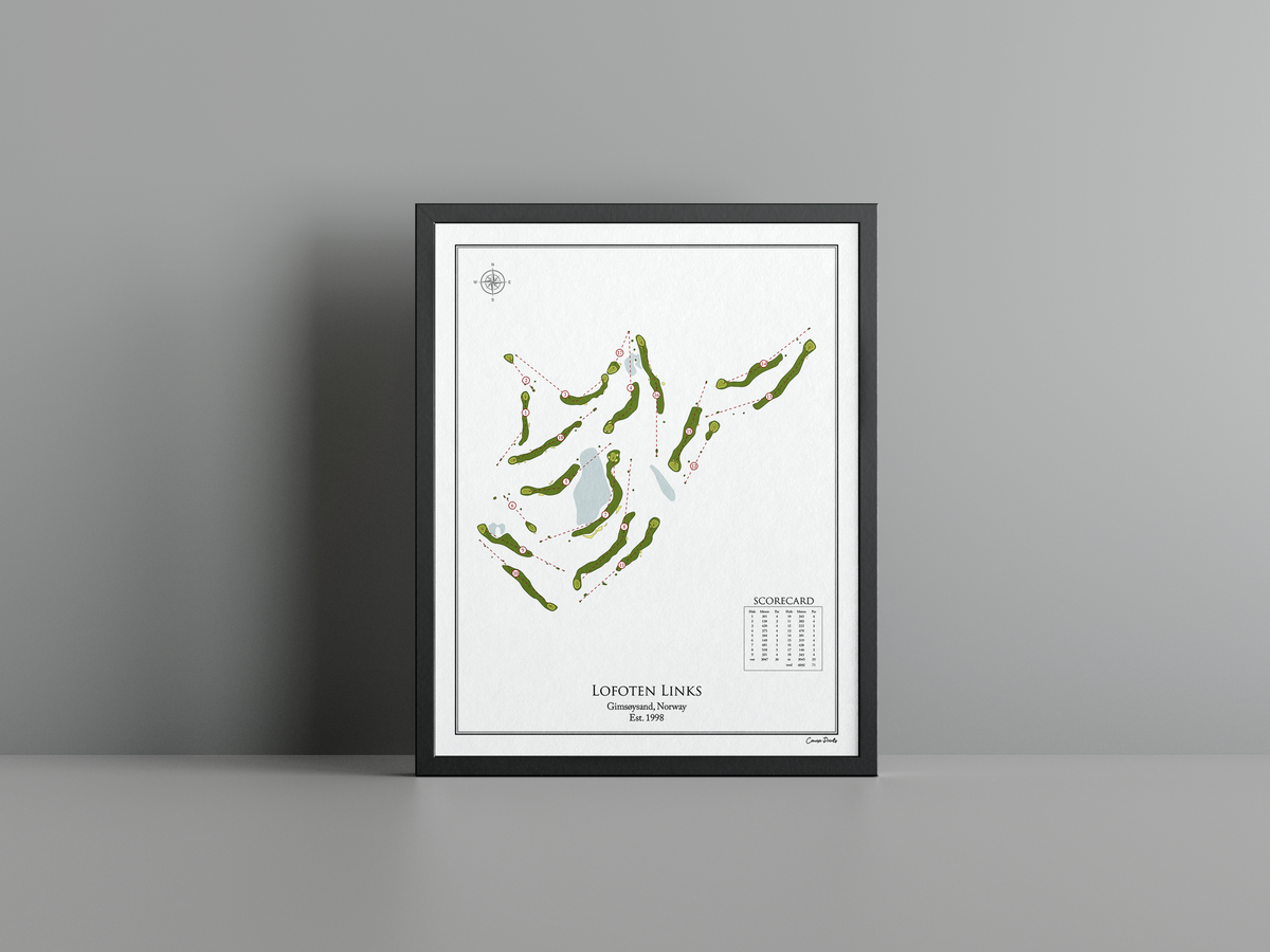Lofoten Links golf course print, white frame