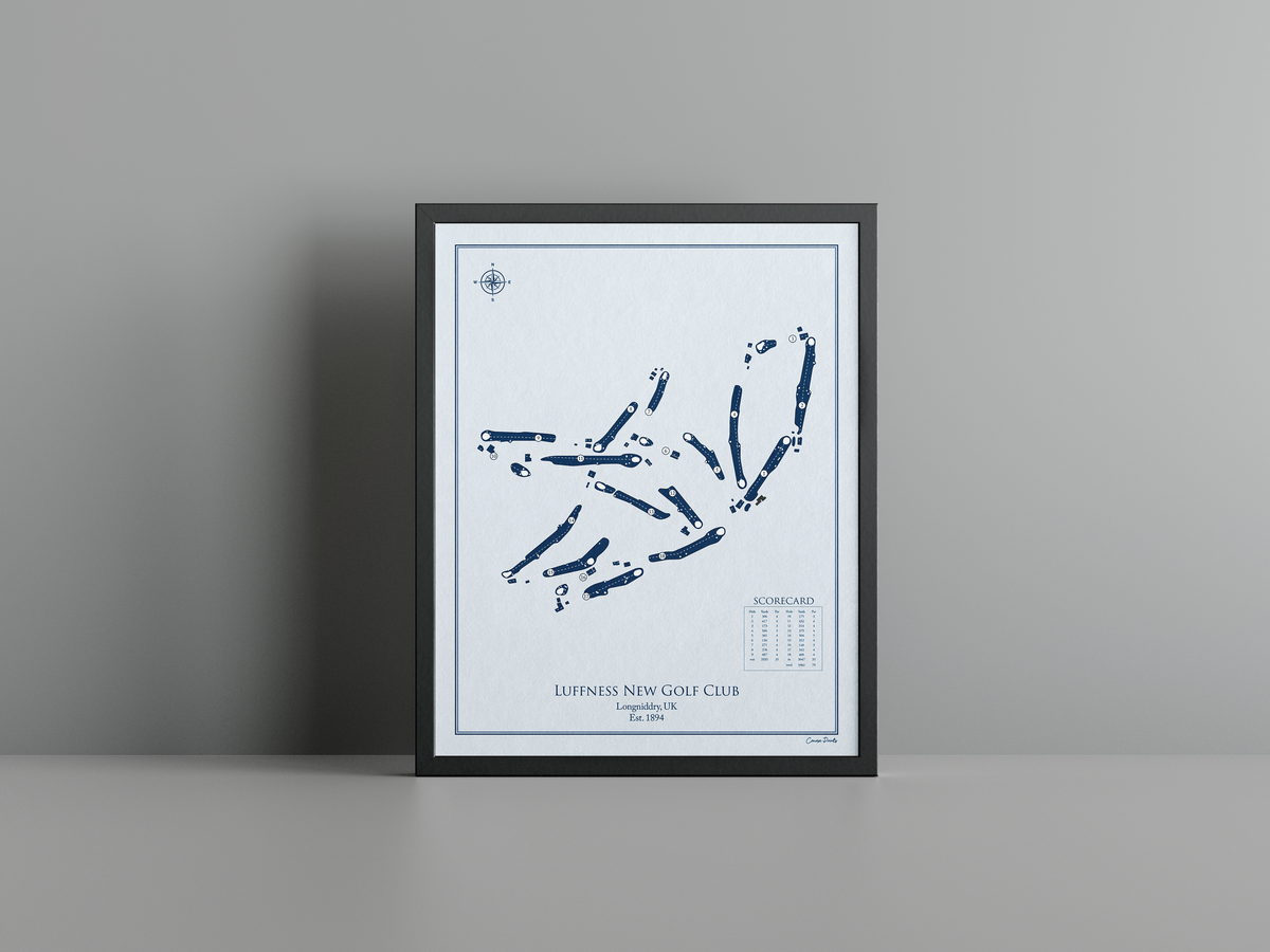 Luffness New Golf Club golf course print, blue frame