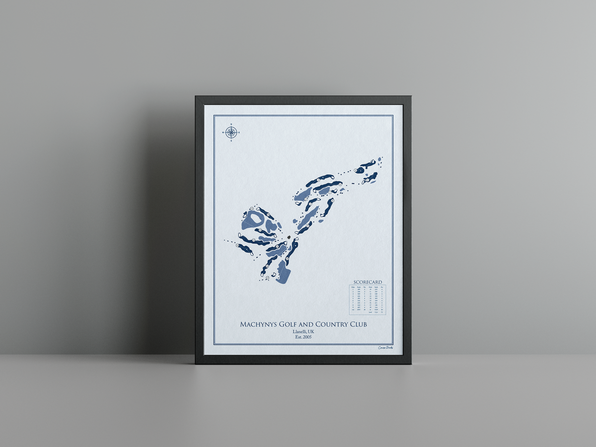 Machynys Golf and Country Club golf course print, blue frame