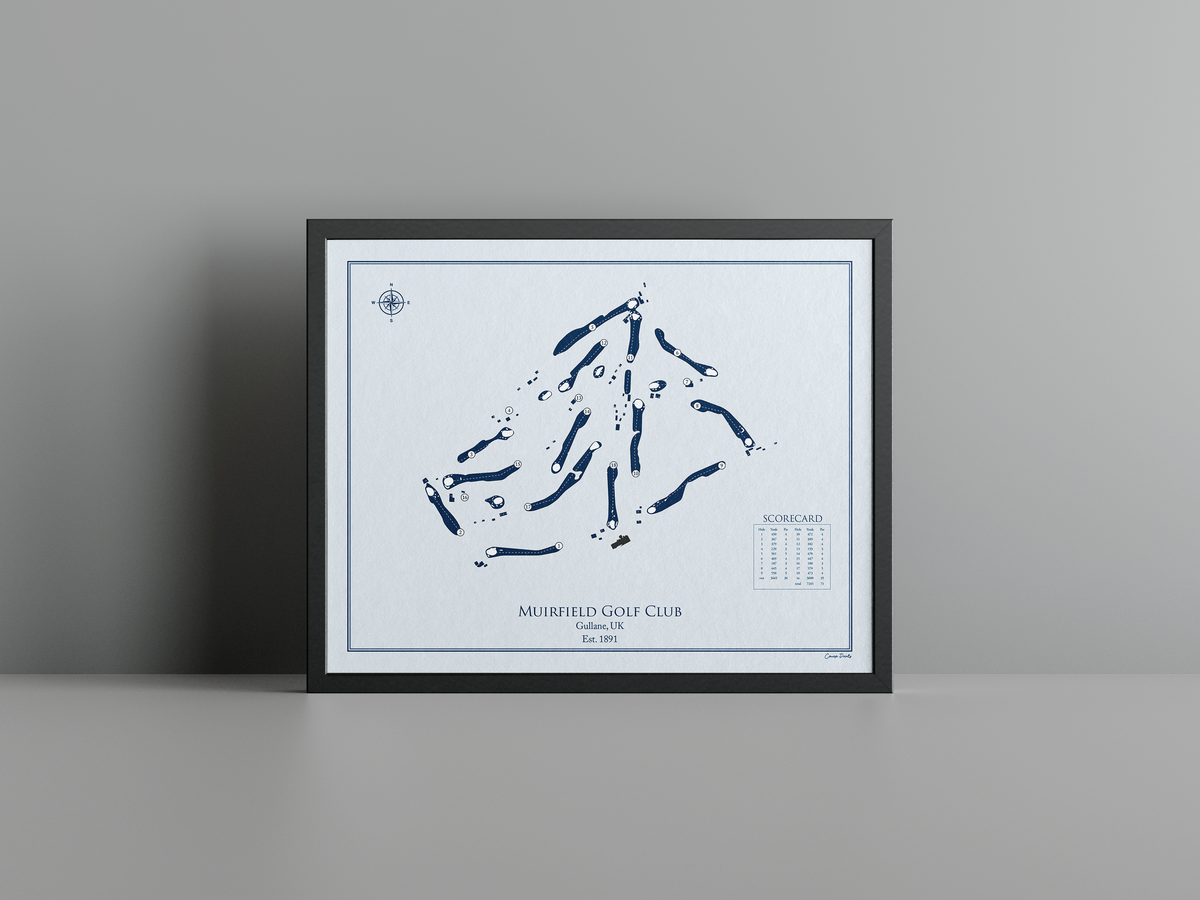 Muirfield Golf Club golf course print, blue frame