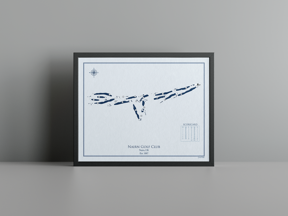 Nairn Golf Club golf course print, blue frame