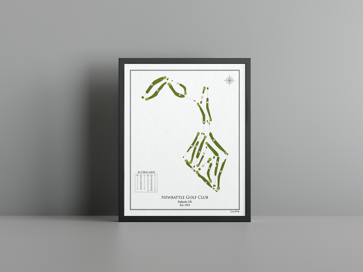 Newbattle Golf Club golf course print, white frame
