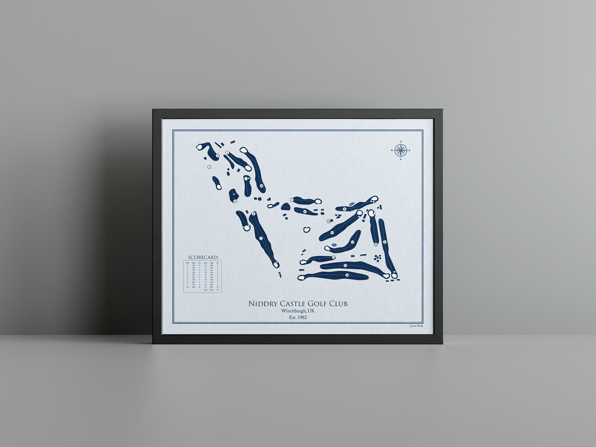 Niddry Castle Golf Club golf course print, blue frame
