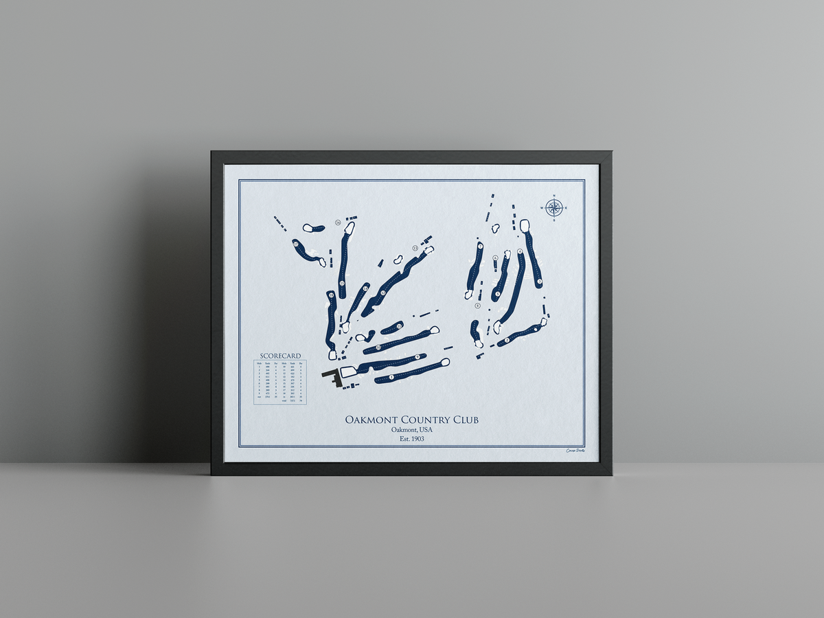 Oakmont Country Club golf course print, blue frame