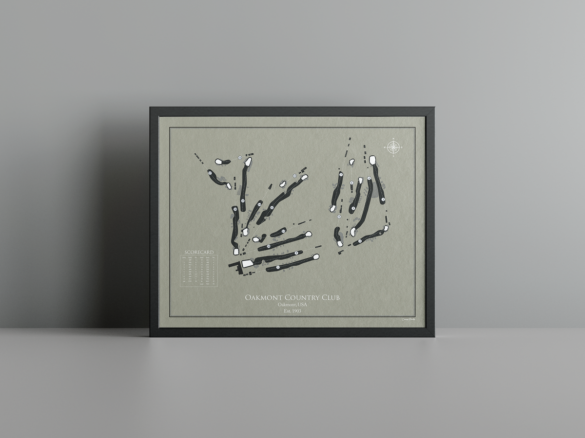 Oakmont Country Club golf course print, brown frame