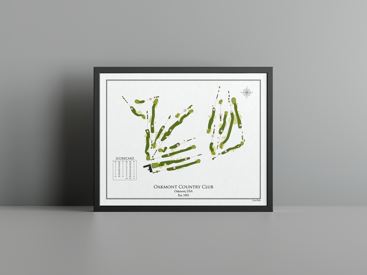 Oakmont Country Club golf course print, white frame