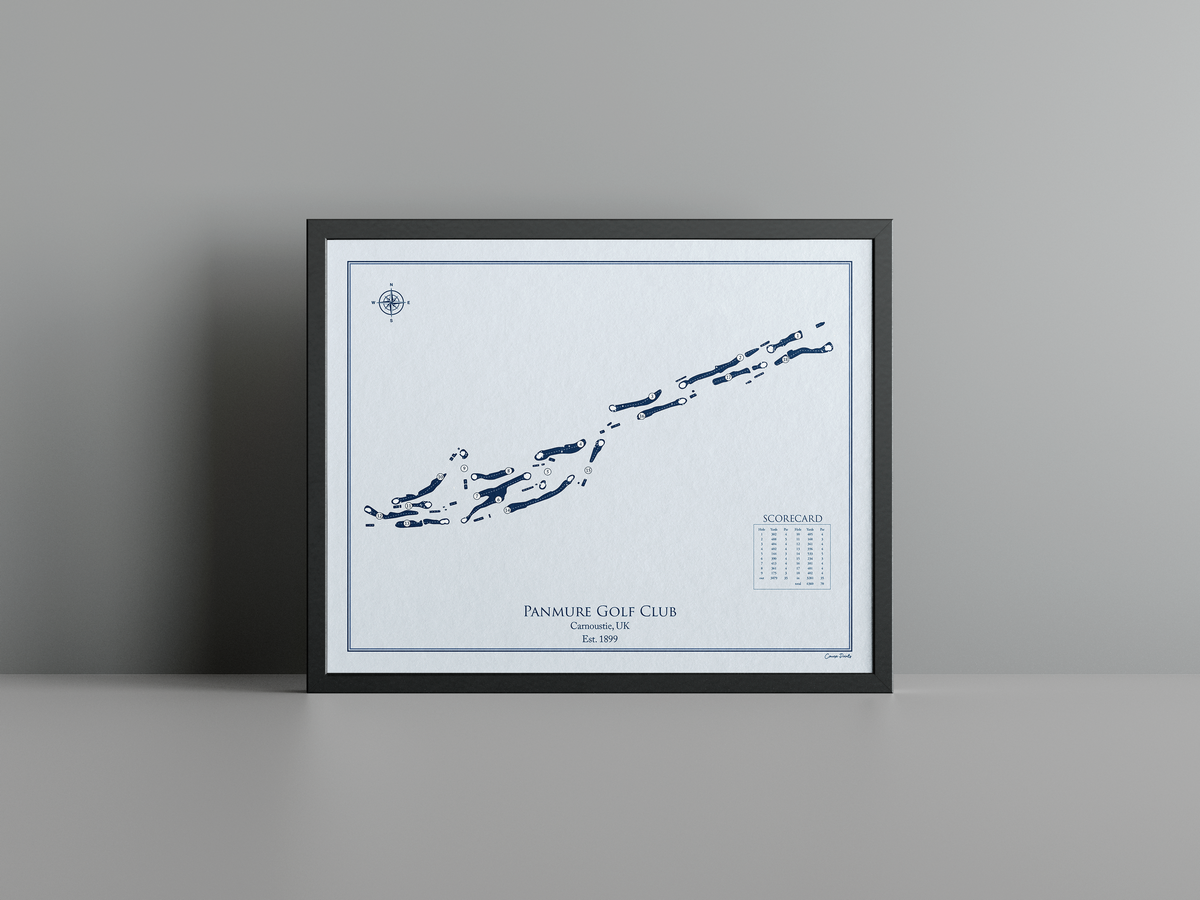 Panmure Golf Club golf course print, blue frame