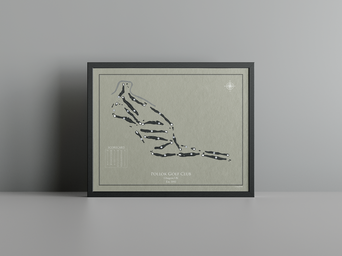 Pollok Golf Club golf course print, brown frame