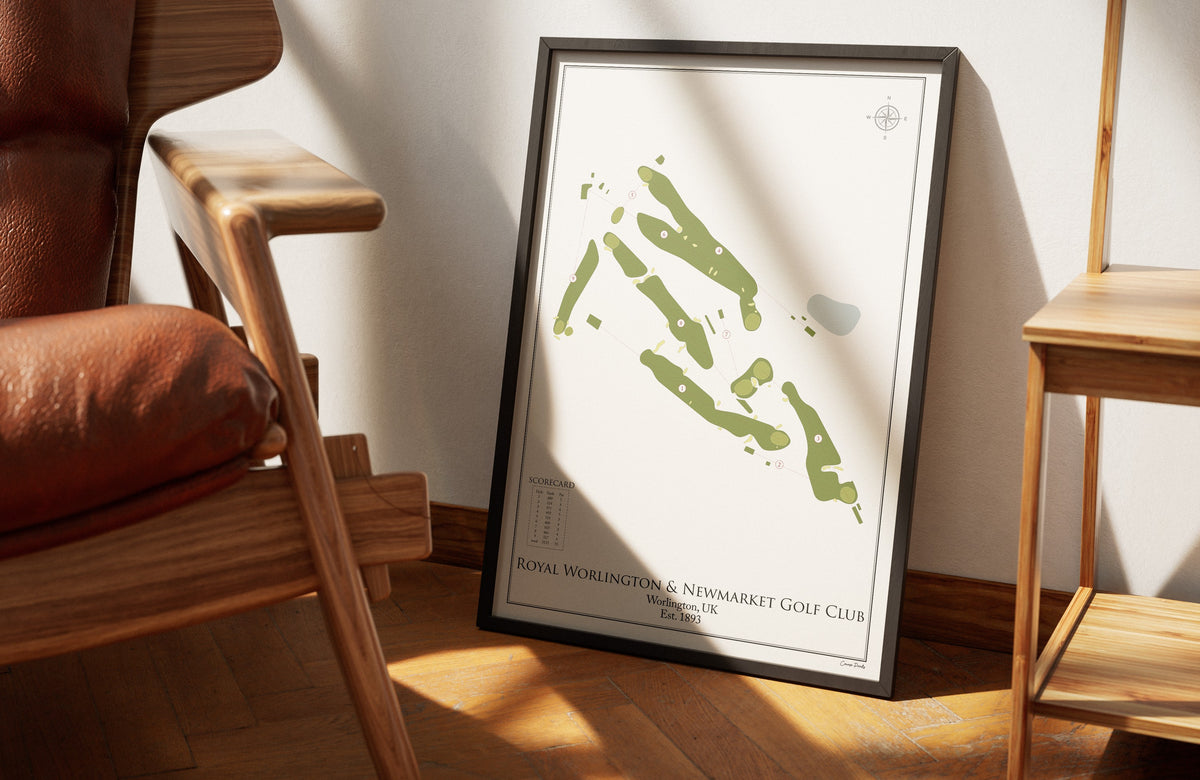 Royal Worlington & Newmarket Golf Club golf course print, framed 50x70 black frame