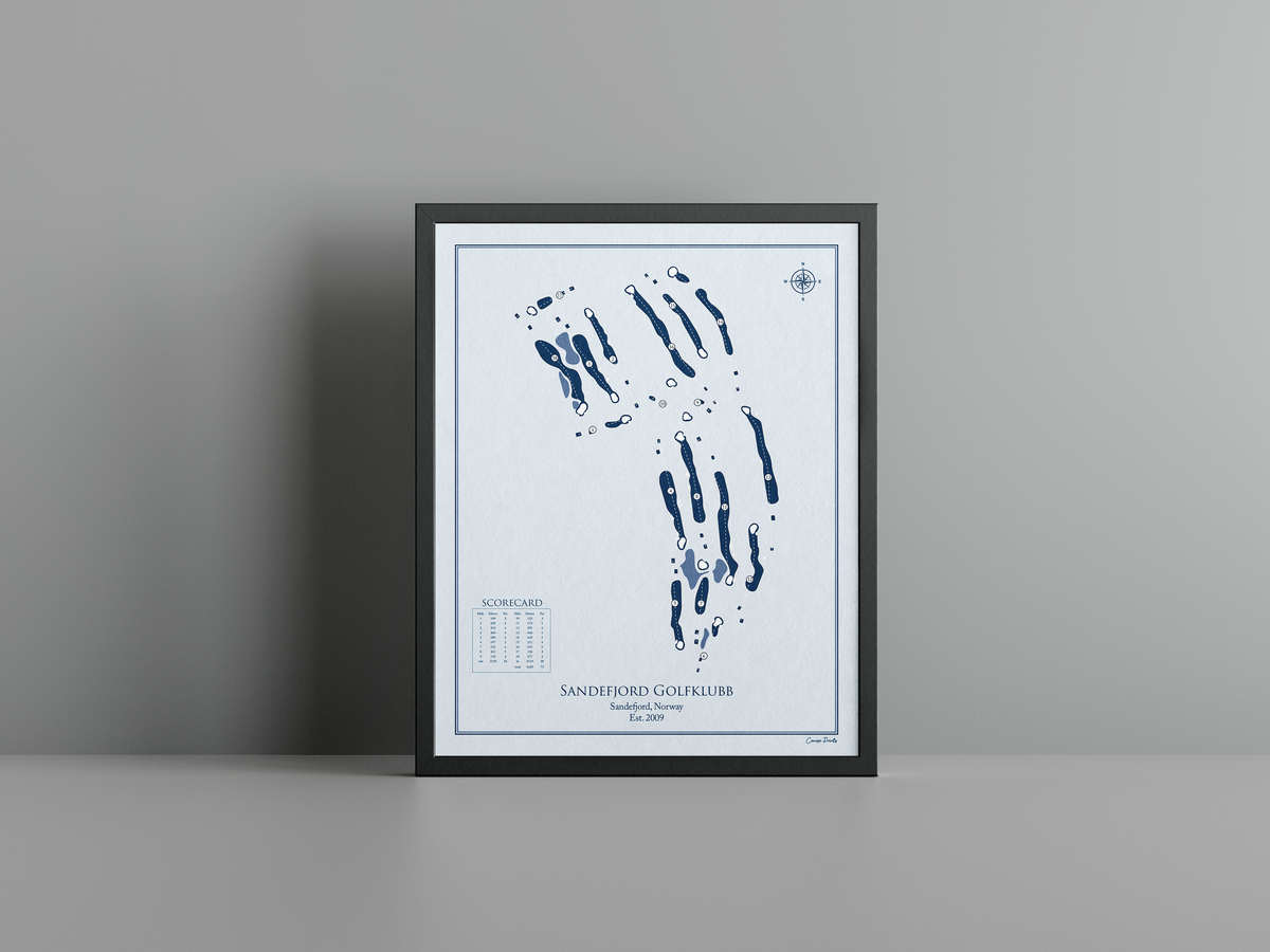 Sandefjord Golfklubb golf course print, blue frame